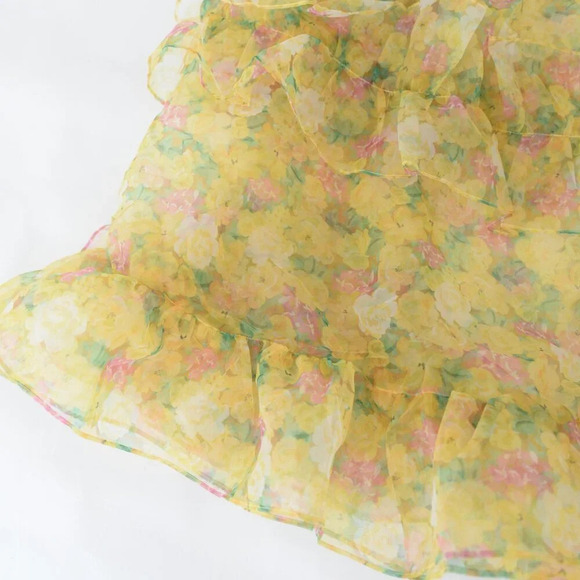 For Love & Lemons Vicki Sheer Tiered Yellow Lace Ruffle Maxi Dress M - Picture 6 of 13